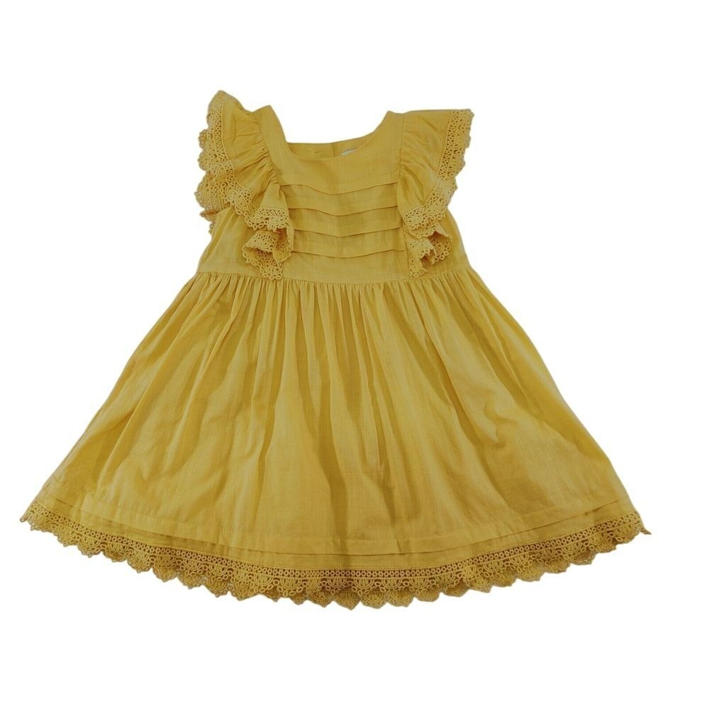 Joie Yellow Girls Dress with Vintage-Style Lace Trim and Flutter Sleeves S 5-6